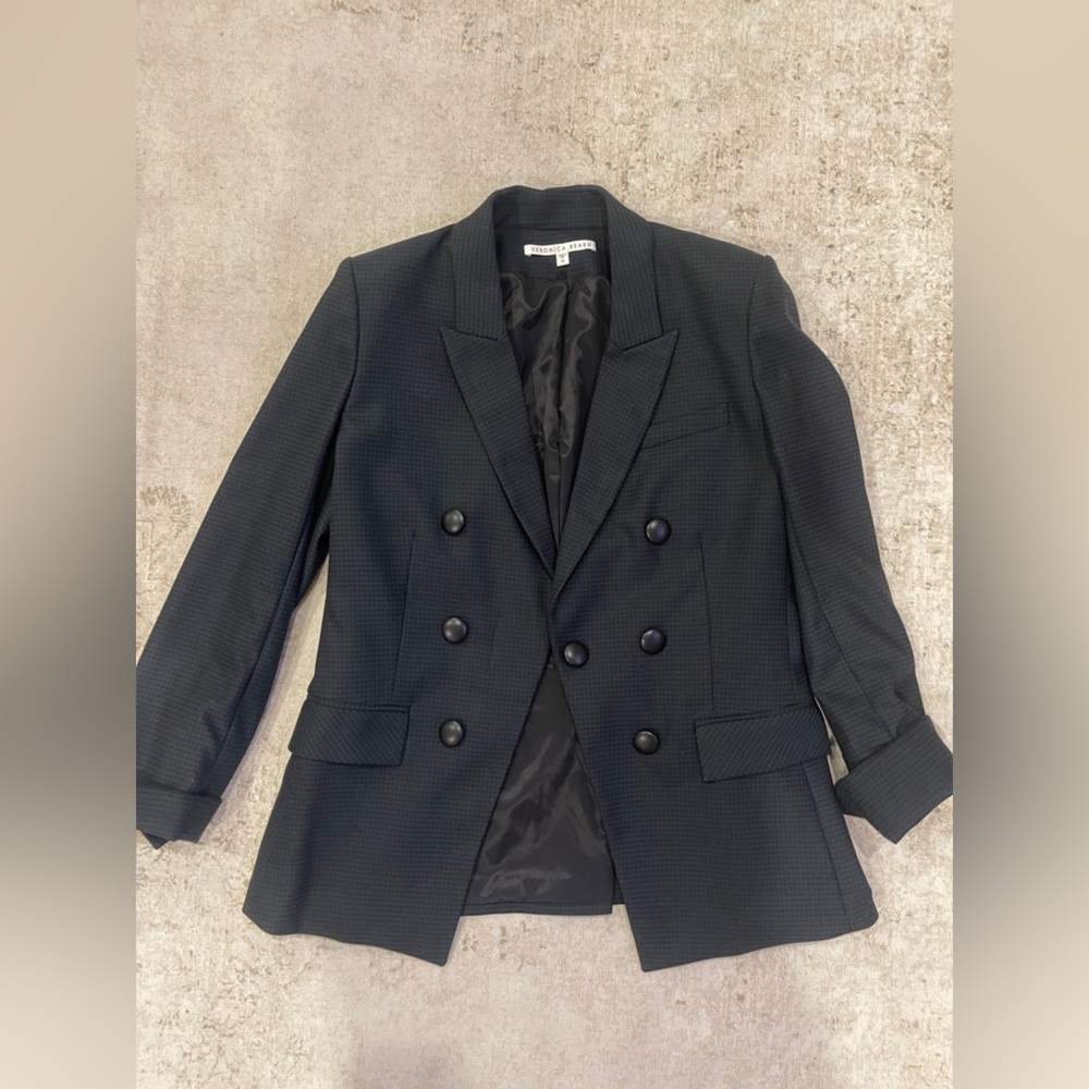 Veronica Beard Green and Black Small Check Double-Breasted Blazer